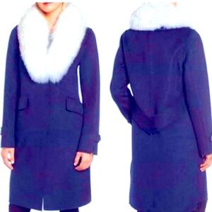 NWT DEREK LAM 10 Crosby Navy Wool Coat Removable White Fur Collar S MSRP $895